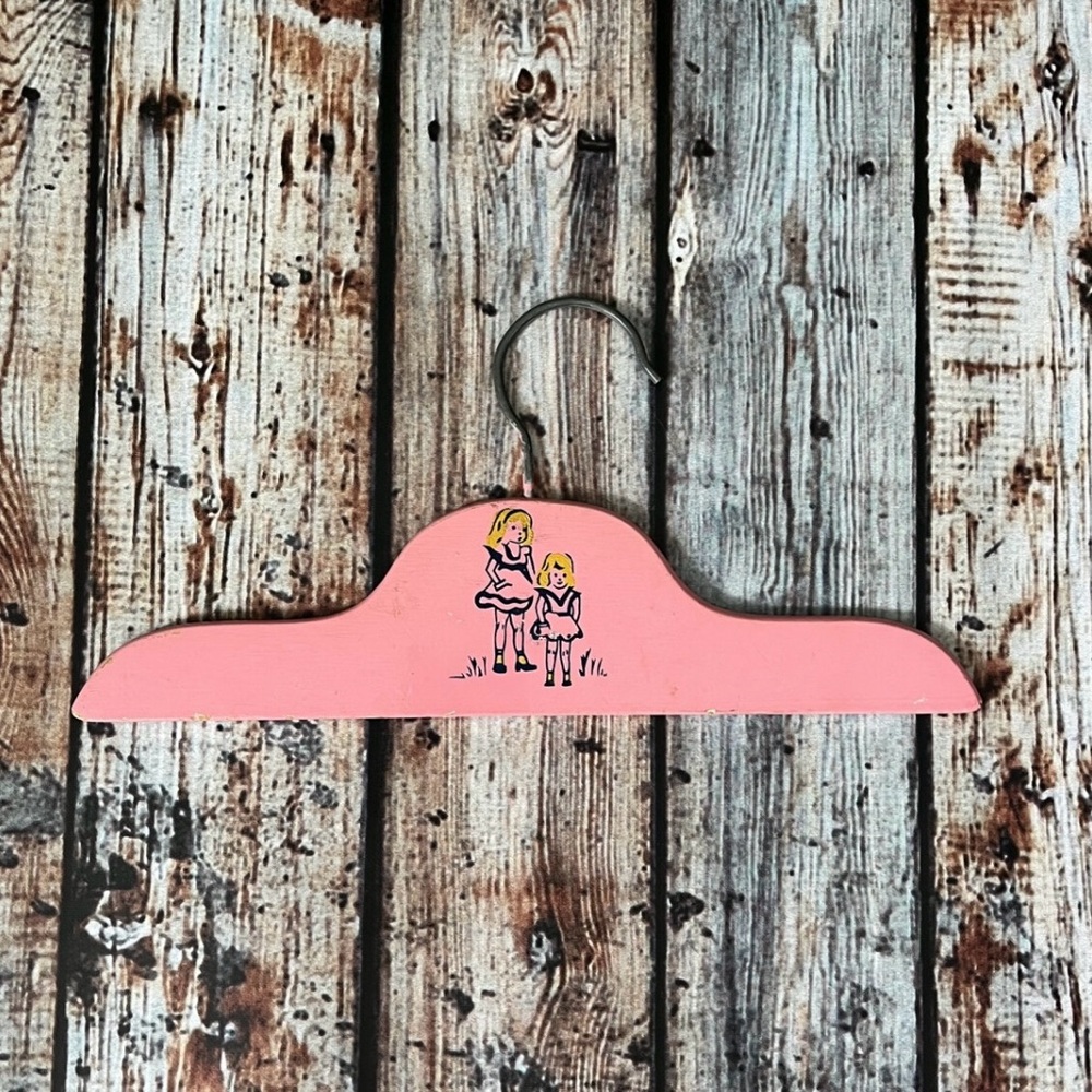 Vintage Pink Wood Hanger with Painted Illustration